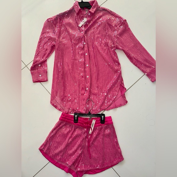 Victoria Secret Sequin Cover Up Swim Outfit Small Top Short Pink Fuchsia Set - Picture 3 of 6